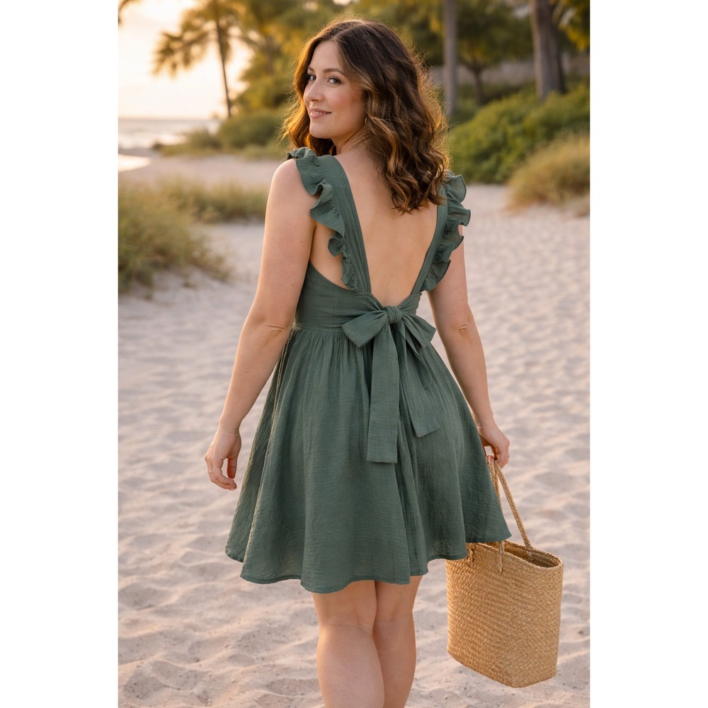 NWT SHEIN Womens Vacation Breezy Ruffle Sleeve Tie-Back Mini Dress Sz M Feminine